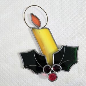 Christmas Candle Stained Glass Window Suncatcher Slag Glass Holly Berries